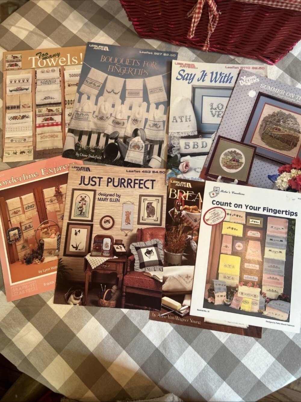Cross Stitch Lot of 8 TOWELS, Cats Summer farm Pattern Chart Bundle Leisure Arts